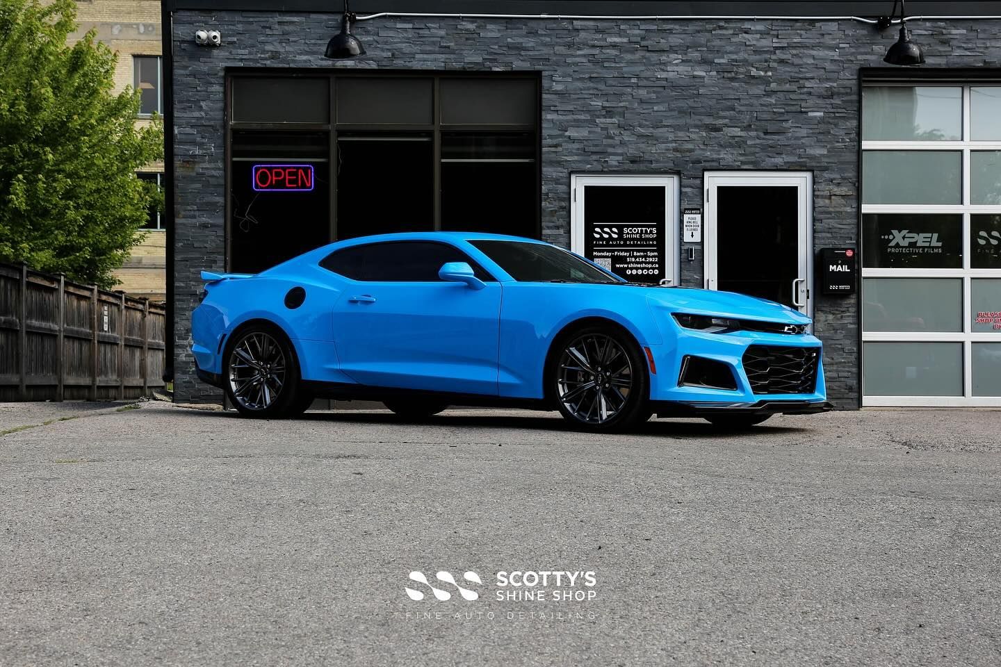 2022 Chevrolet Camaro ZL1 in beautiful “rapid blue” at the shop for a paint correction and Modesta B