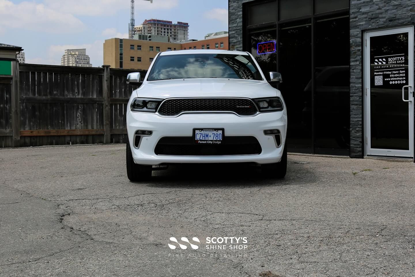 2023 Dodge Durango Light Paint Correction and Modesta BC-X Ceramic Coating front end view London, ON