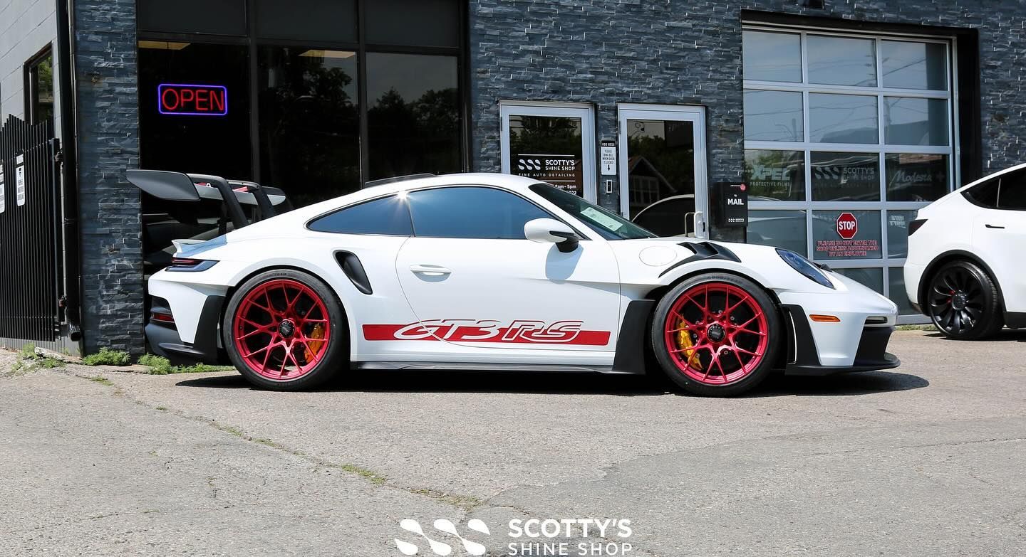2023 Porsche 911 GT3RS Full Body Paint Protection with Xpel Ultimate Plus Paint Protection Film and Xpel Prime Window Tint side emblem view London, Ontario