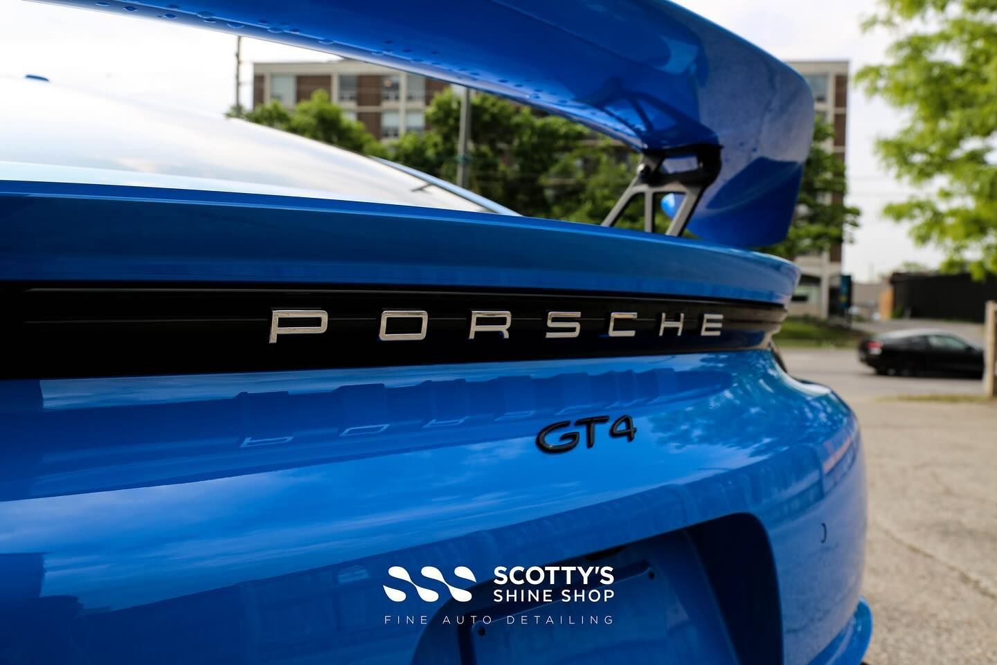 2023 Porsche Cayman GT4 Xpel Ultimate Plus Paint Protection Film rear emblem close up London, Ont Canada