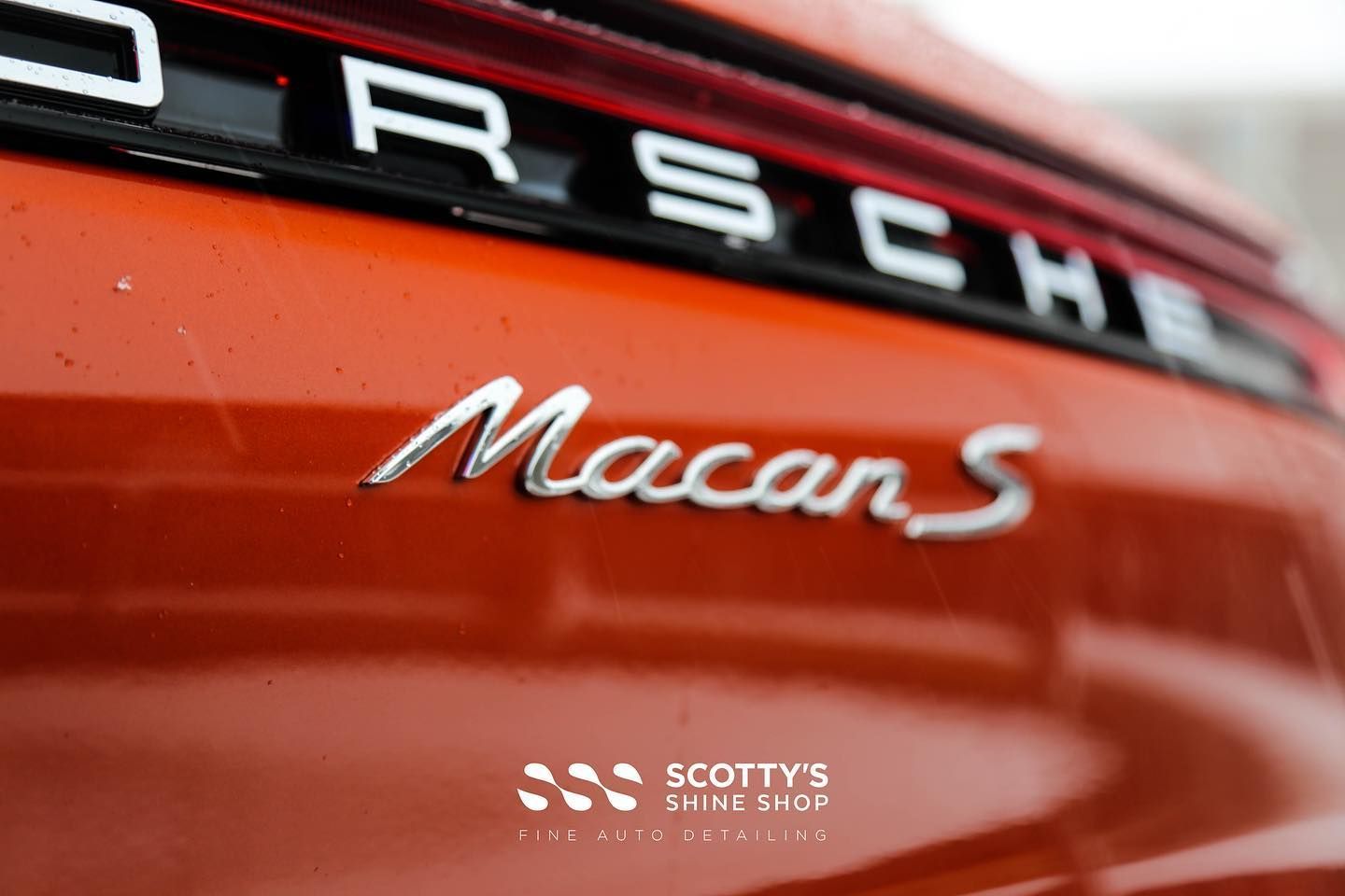 2023 Porsche Macan S Xpel Prime XR Ceramic Tint and Xpel Ultimate Plus Paint Protection Film rear emblem close up London, ON