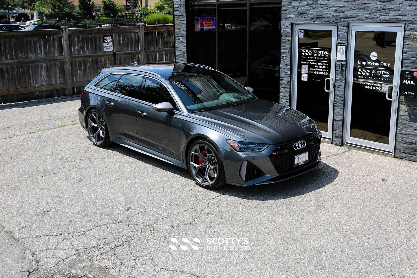 2024 Audi RS6 Premium Suntek Ultra Paint Protection Film, Llumar Formula 1 Stratos Ceramic Window Tint, Modesta Ceramic Coating front end from above London, Canada