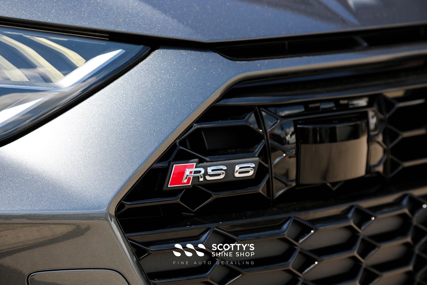 2024 Audi RS6 Premium Suntek Ultra Paint Protection Film, Llumar Formula 1 Stratos Ceramic Window Tint, Modesta Ceramic Coating front grill close up London, ON