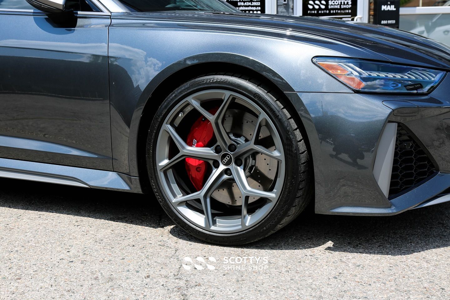 2024 Audi RS6 Premium Suntek Ultra Paint Protection Film, Llumar Formula 1 Stratos Ceramic Window Tint, Modesta Ceramic Coating front wheel close up London, ON