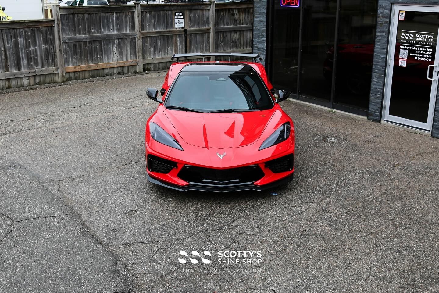 2024 Chevrolet Corvette C8 Convertible Xpel Full Body Paint Protection Film , Custom Vinyl Wrap,, Ceramic Window Film, Ceramic Coating, Glass Coating and Wheel and Caliper Protection front end view from above London, ON