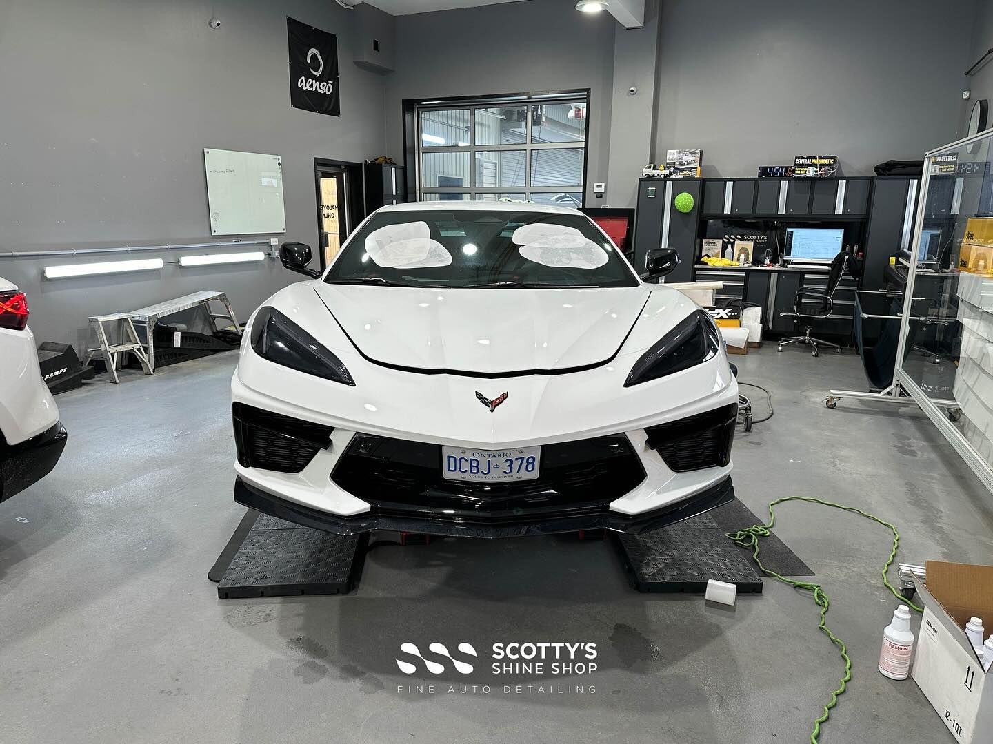 2024 Chevrolet Corvette C8 Full Coverage in Paint Protection Film, Xpel Prime XR Plus Ceramic Window Tint, Ceramic Coating & Colour Change Powder Coated Wheels & Roof Panels front end view London, Ontario