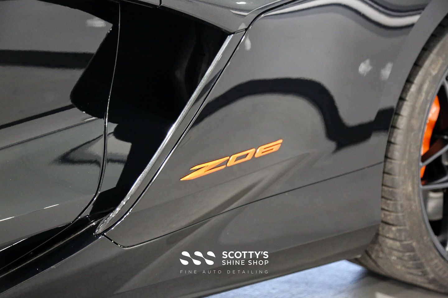 2024 Chevrolet Corvette Z06 Premium Suntek Ultra Paint Protection Film LLumar Formula 1 Stratos Window Tint, All Body Panels, Wheels and Glass Coated with Modesta Ceramic Coatings side view emblem close up London, Ontario