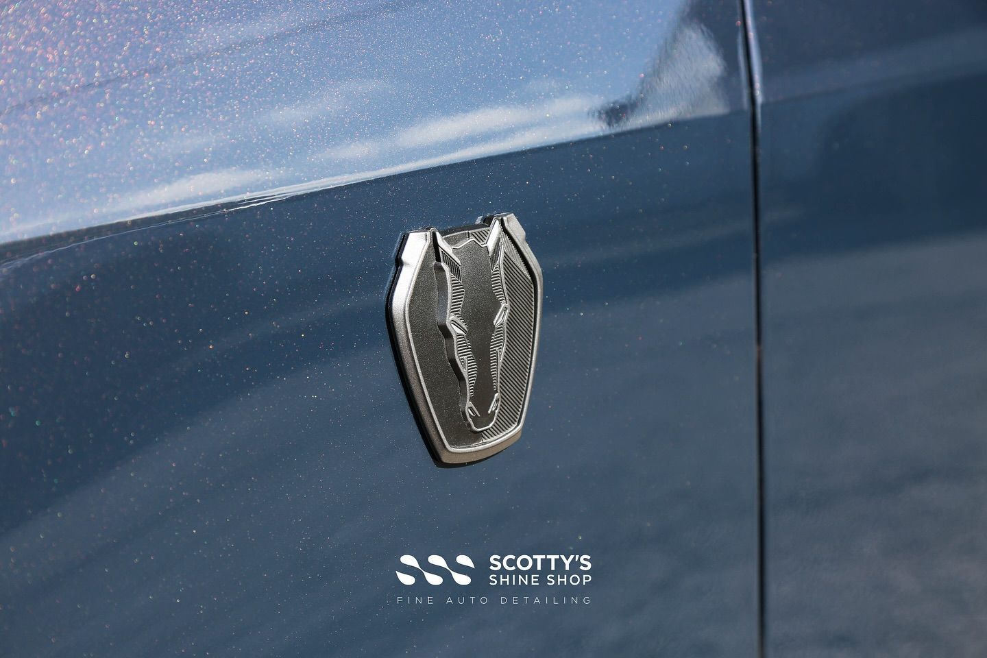 2024 Ford Mustang Dark Horse LLumar Formula 1 Stratos Ceramic Window Tint, SunTek Ultra PPF, Ultrafit Wincrest EVO Windshield Protection Film, Modesta Glass and Wheel Coating side emblem close up London, ON