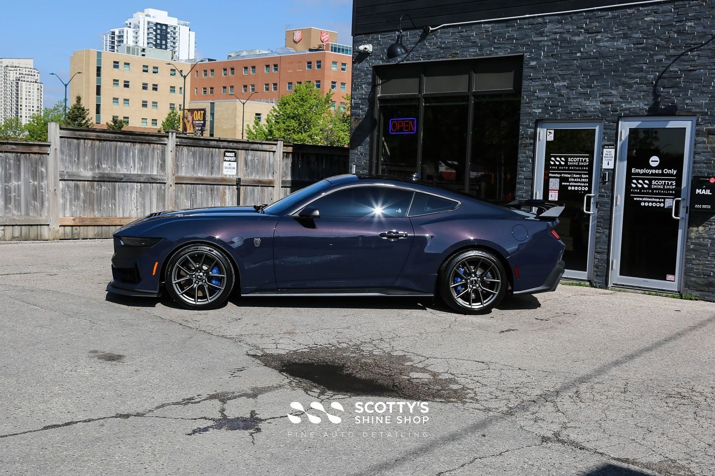 2024 Ford Mustang Dark Horse LLumar Formula 1 Stratos Ceramic Window Tint, SunTek Ultra PPF, Ultrafit Wincrest EVO Windshield Protection Film, Modesta Glass and Wheel Coating side view London, Ontario