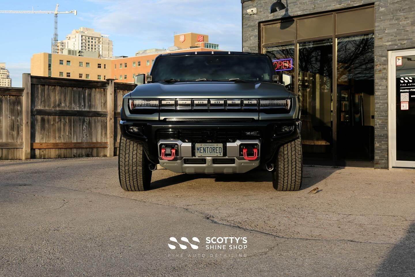 2024 GMC Hummer EV Xpel Prime XR PLUS Ceramic Window Tint and Xpel Fusion Premium Ceramic Coating front end close up London, Canada