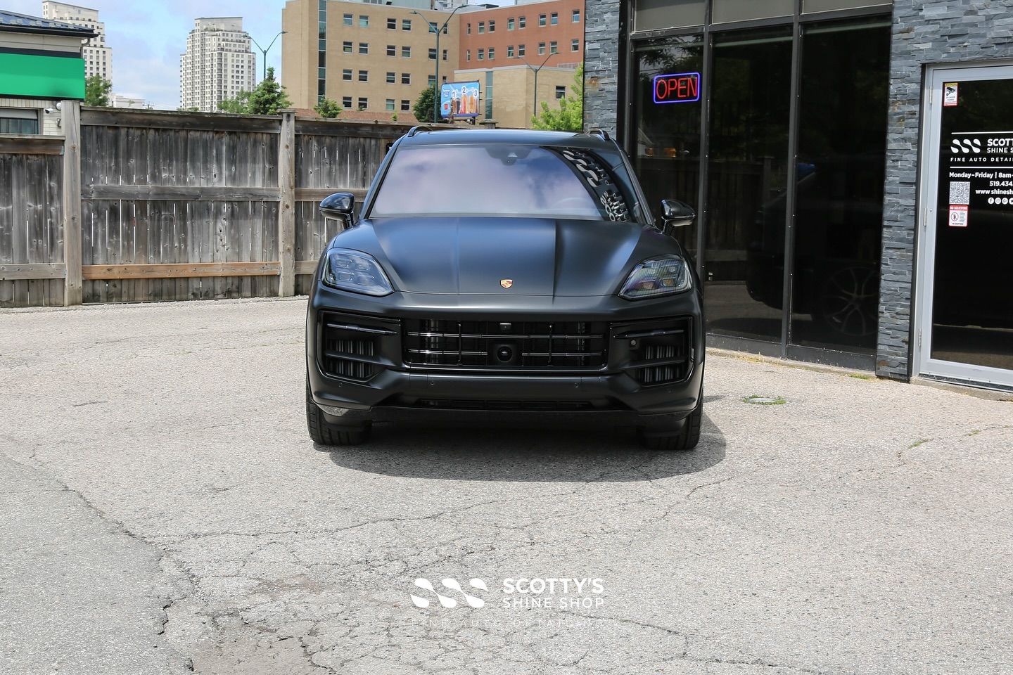 2024 Porsche Cayenne E-Hybrid Premium Suntek Ultra Matte Paint Protection Film and Llumar Formula 1 Stratos Ceramic Window Tint front end close up London, Ontario