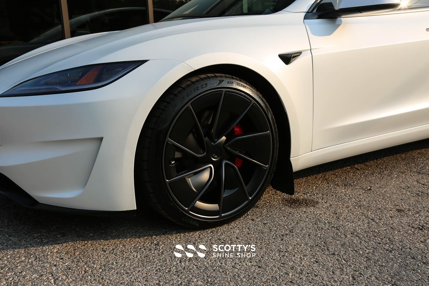 2024 Tesla Model 3 Performance Full Body Wrap in Premium Suntek Ultra Matte Paint Protection Film, Modesta BC-M Ceramic Coating and BC-06 on the Wheels front wheel close up London, ON