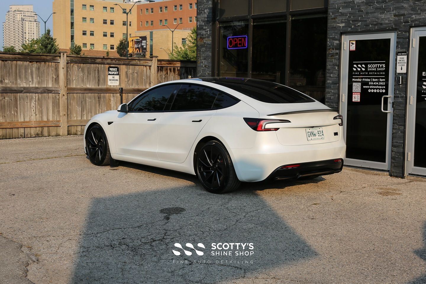 2024 Tesla Model 3 Performance Full Body Wrap in Premium Suntek Ultra Matte Paint Protection Film, Modesta BC-M Ceramic Coating and BC-06 on the Wheels rear view London, ON