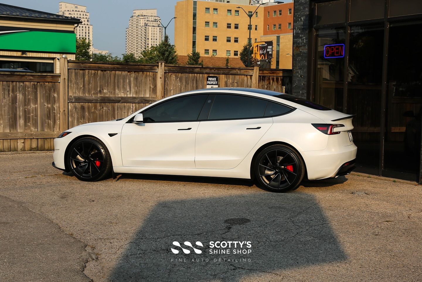 2024 Tesla Model 3 Performance Full Body Wrap in Premium Suntek Ultra Matte Paint Protection Film, Modesta BC-M Ceramic Coating and BC-06 on the Wheels side view London, ON
