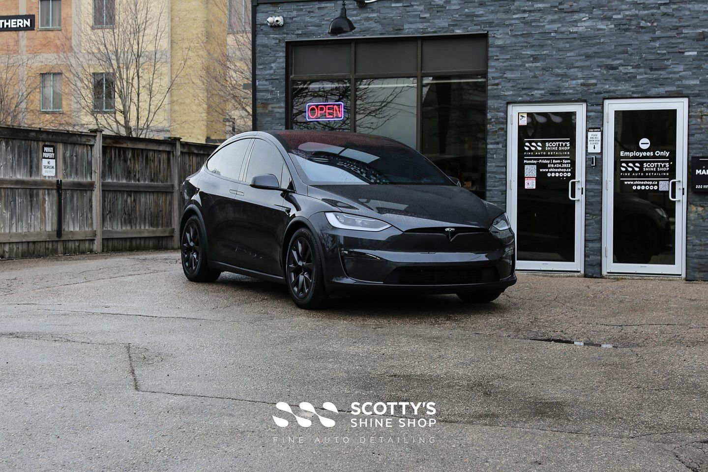 2024 Tesla Model X at the shop for a full detail and FULL COVERAGE on all glass with top of the line