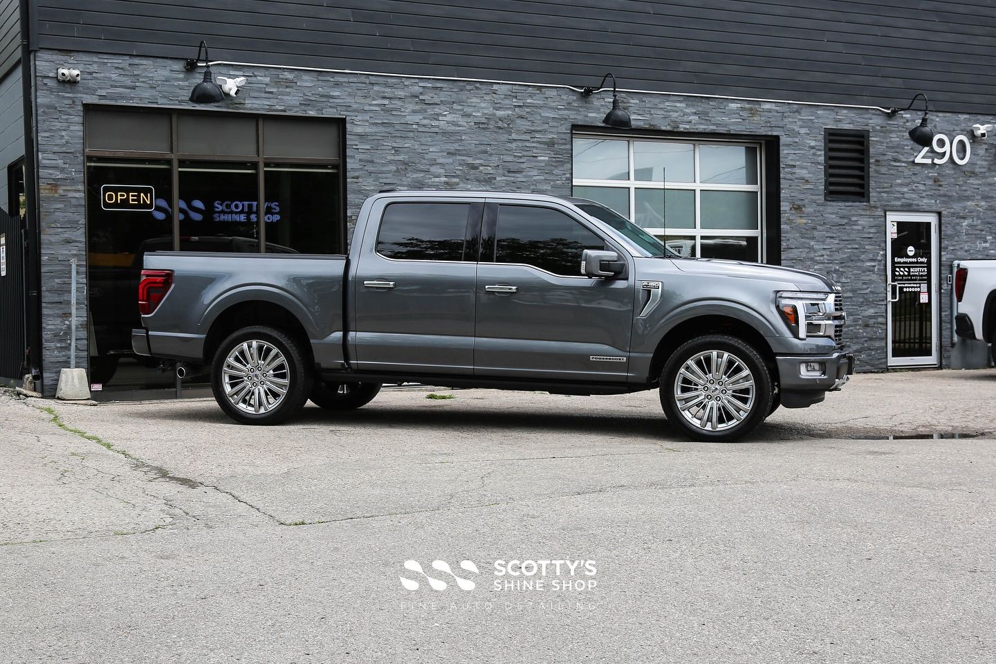 2025 Ford F-150 Platinum Llumar Formula 1 Stratos Ceramic Window Tint, Light Paint Correction, Modesta BC-X Ceramic Coating side view London, Canada