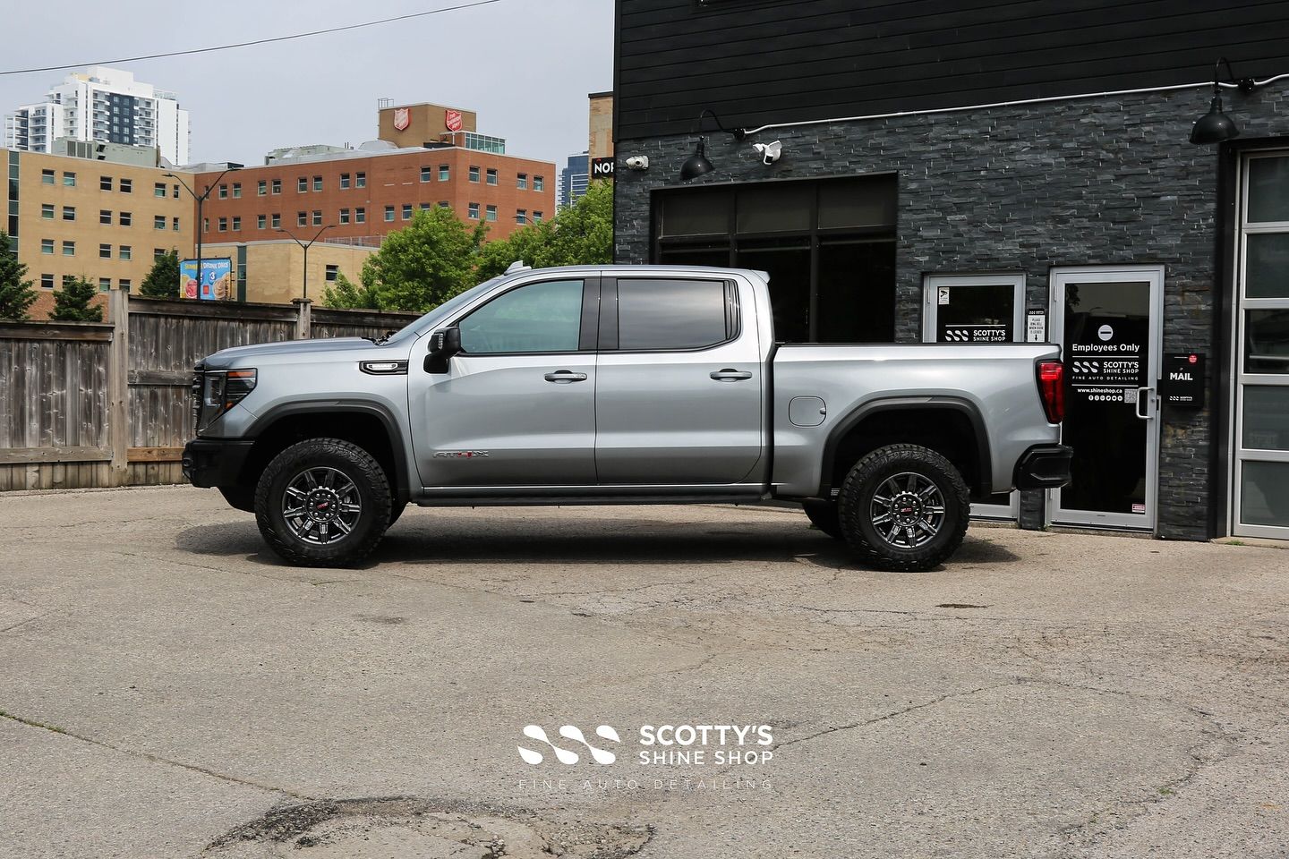 2025 GMC Sierra AT4X Full LLumar Formula 1 Stratos Window Film, Full Front-End SunTek Ultra PPF , Modesta Ceramic Coatings side view London, ON