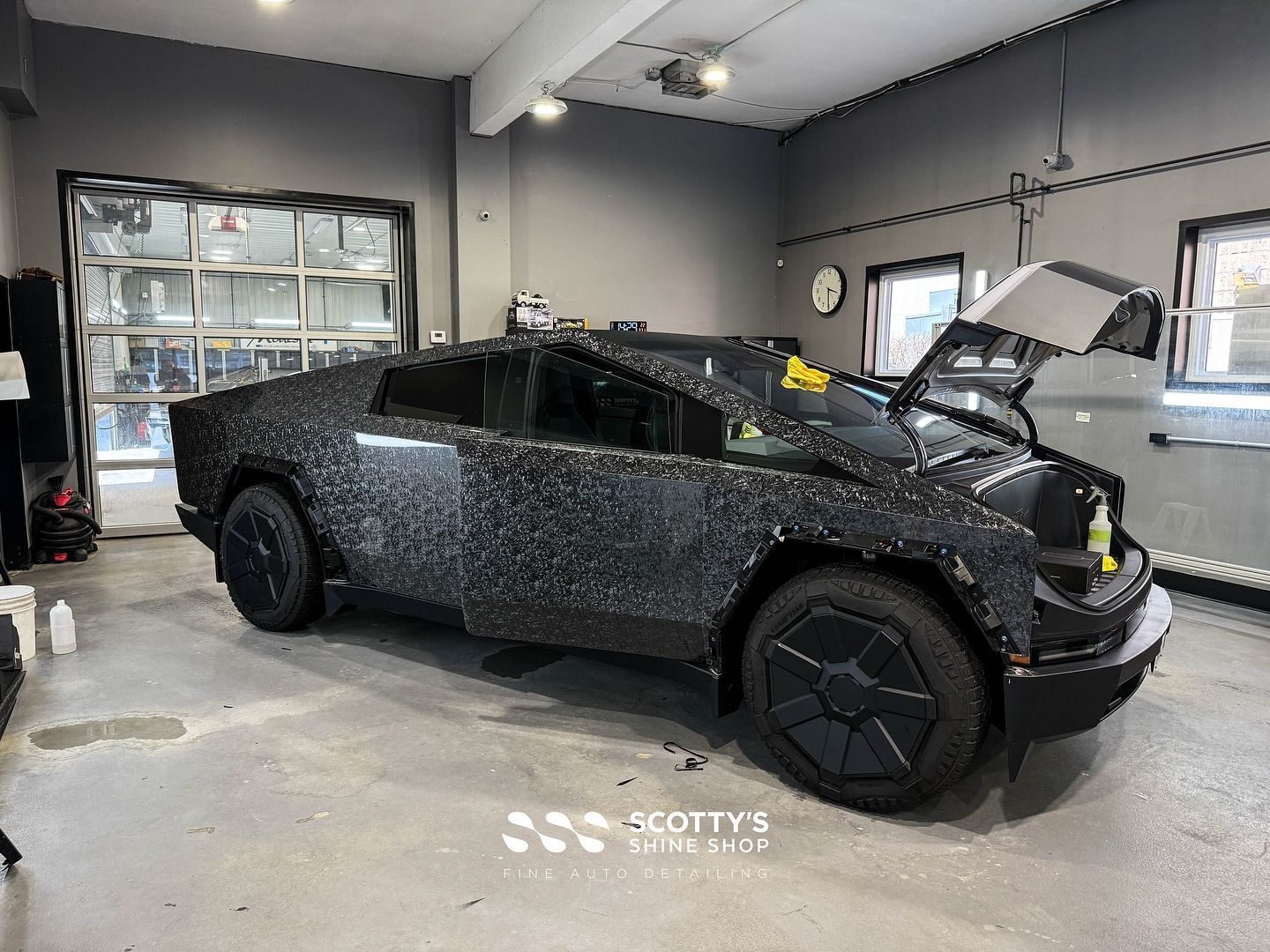 2025 Tesla Cybertruck Carlas Black Forged Carbon Paint Protection Film, LLumar Formula 1 Stratos Ceramic Window Tint London, ON