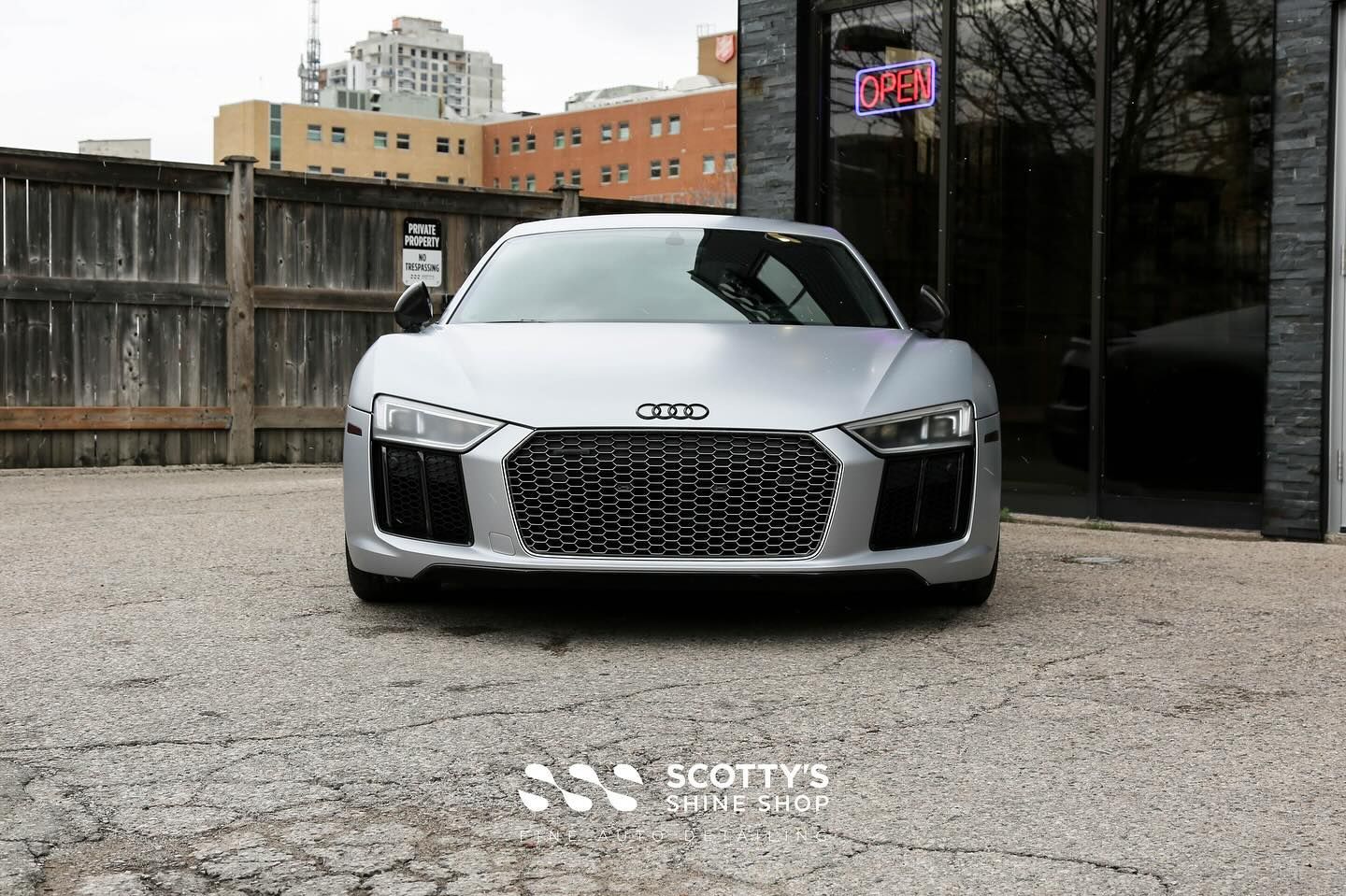 Audi R8 Full Detailing and Replacement Paint Protection Film front end view London, ON