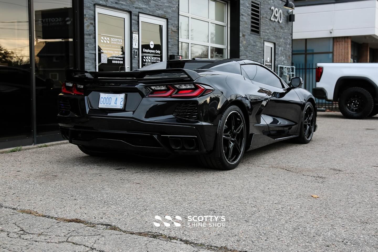 Chevrolet Corvette C8 Xpel Paint Protection Film, Paint Correction, Xpel Prime XR Plus Window Tint and Xpel Fusion Ceramic Coatings on the Wheels, Body and Glass rear view close up London, ON