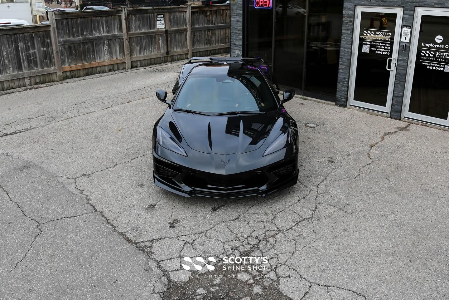 Chevrolet Corvette C8 Xpel Paint Protection Film, Paint Correction, Xpel Prime XR Plus Window Tint and Xpel Fusion Ceramic Coatings on the Wheels, Body and Glass hood from above London, ON