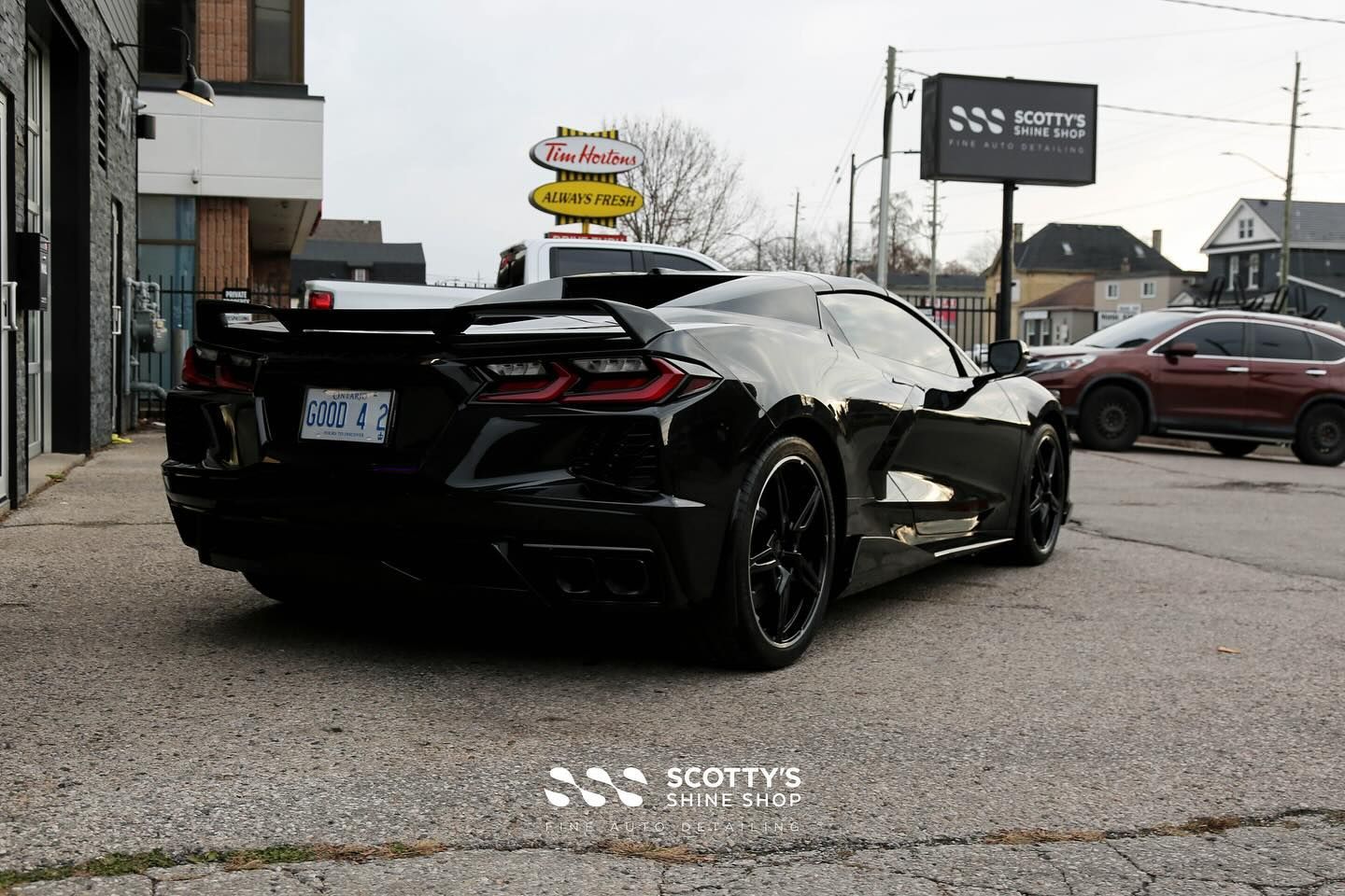 Chevrolet Corvette C8 Xpel Paint Protection Film, Paint Correction, Xpel Prime XR Plus Window Tint and Xpel Fusion Ceramic Coatings on the Wheels, Body and Glass rear view close up London, ON