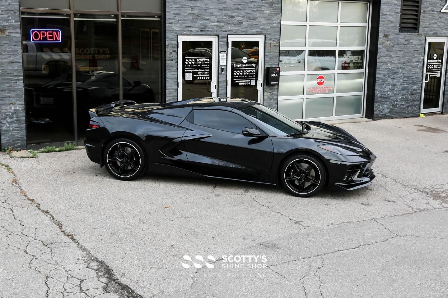 Chevrolet Corvette C8 Xpel Paint Protection Film, Paint Correction, Xpel Prime XR Plus Window Tint and Xpel Fusion Ceramic Coatings on the Wheels, Body and Glass side view London, ON