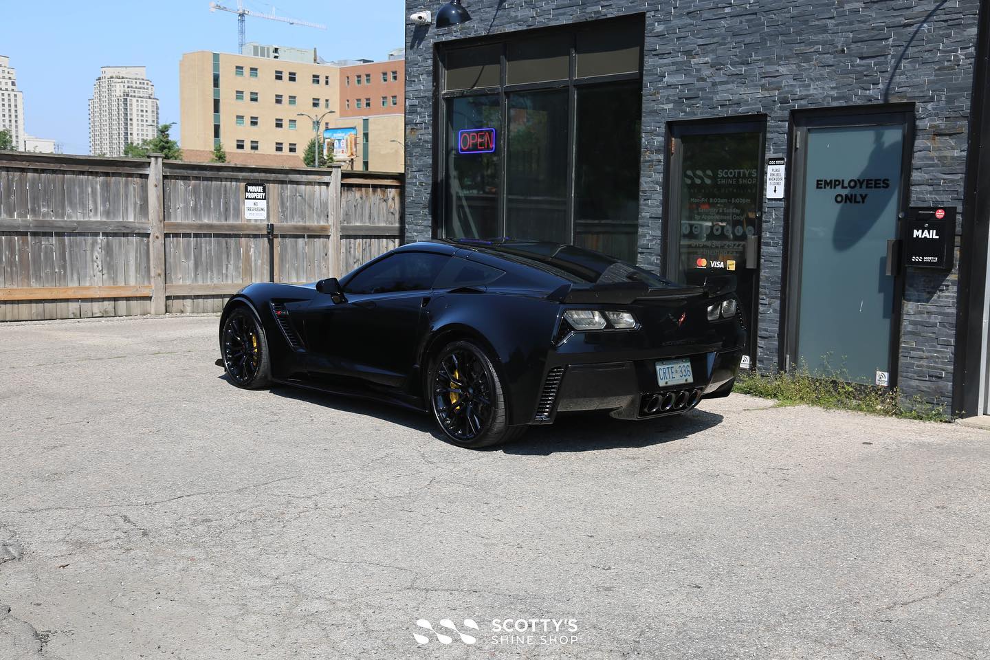 Corvette Z06 paint correction xpel Ultimate Plus paint protection film and modesta BC-04 and BC-06 glass coatings applied to the body and wheels London Ontario