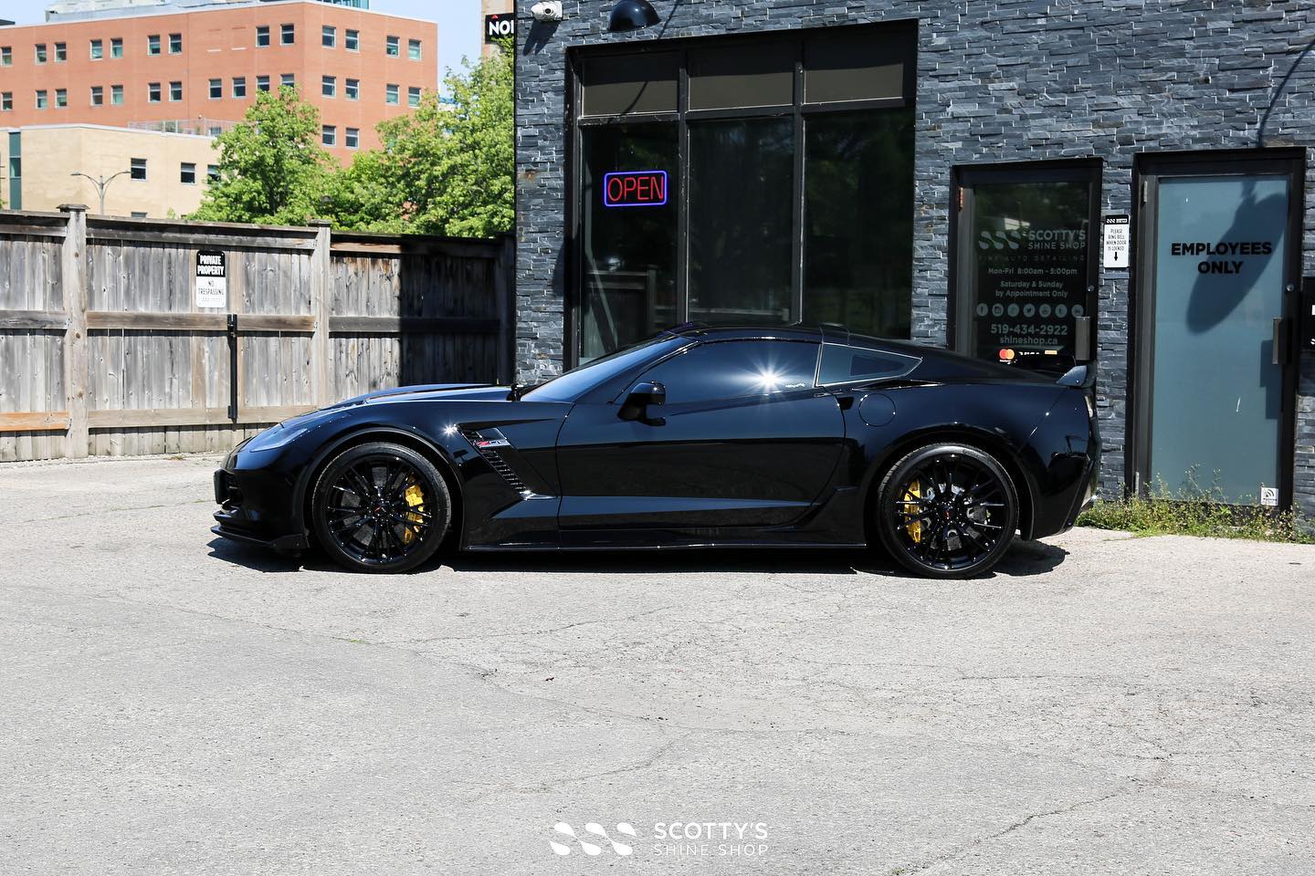 Corvette Z06 paint correction xpel Ultimate Plus paint protection film and modesta BC-04 and BC-06 glass coatings applied to the body and wheels London ON