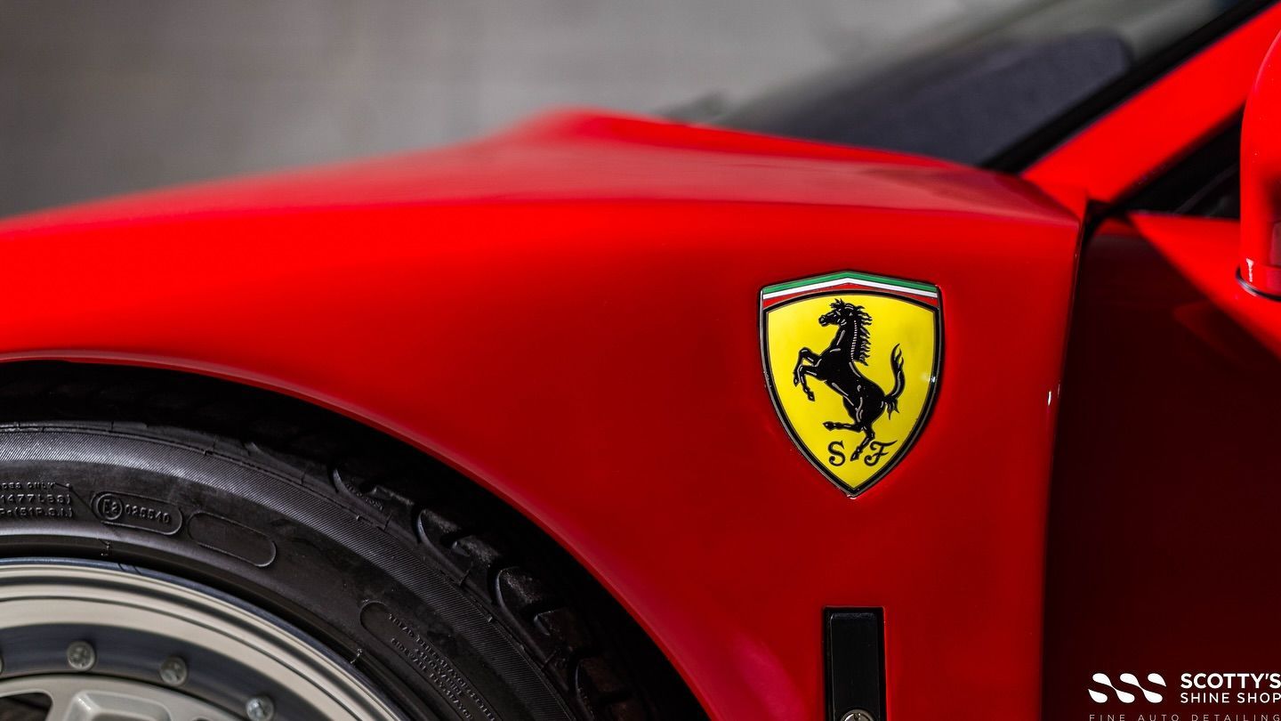 Ferrari Car Detailing close up on side emblem London, Ontario