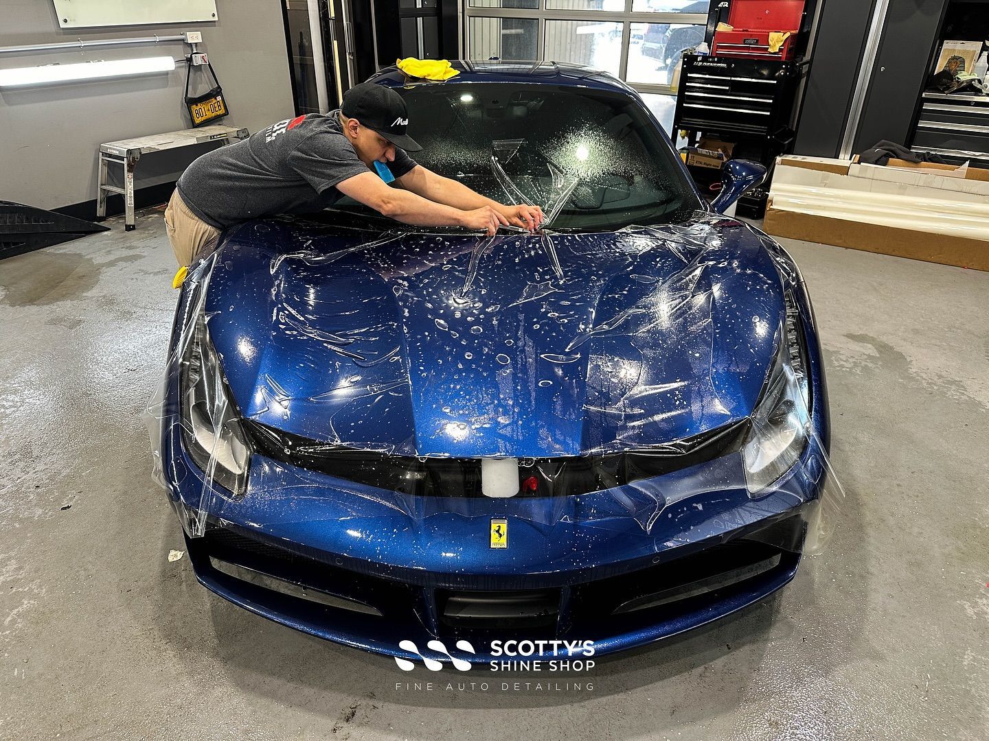 This beautiful Ferrari 488GTB is at the shop for removal of old, damaged paint protection film and i