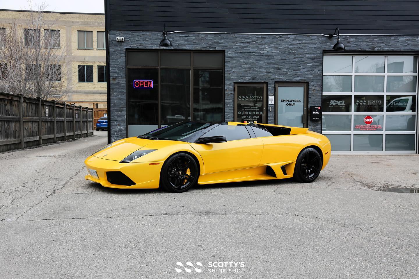 Lamborghini Murcielago Xpel Prime XR plus ceramic window tint and Stek Dynoflex windshield protection film side view London Ontario