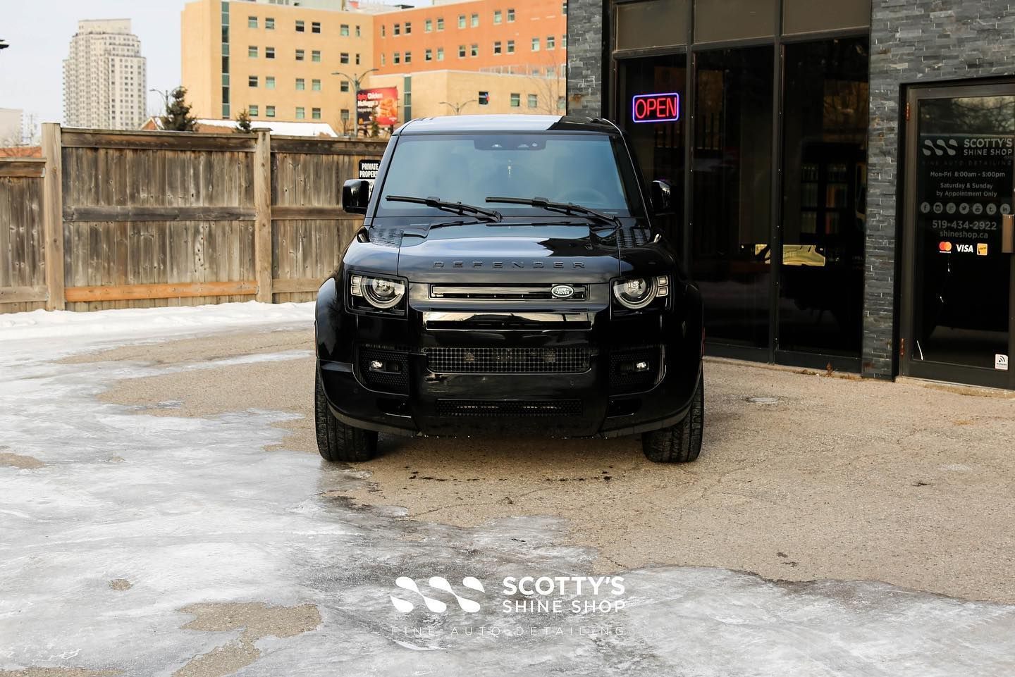 Land Rover Defender Xpel Ultimate Plus Paint Protection Film and Xpel Prime XR Plus Ceramic Window Tint front end view London, Ont