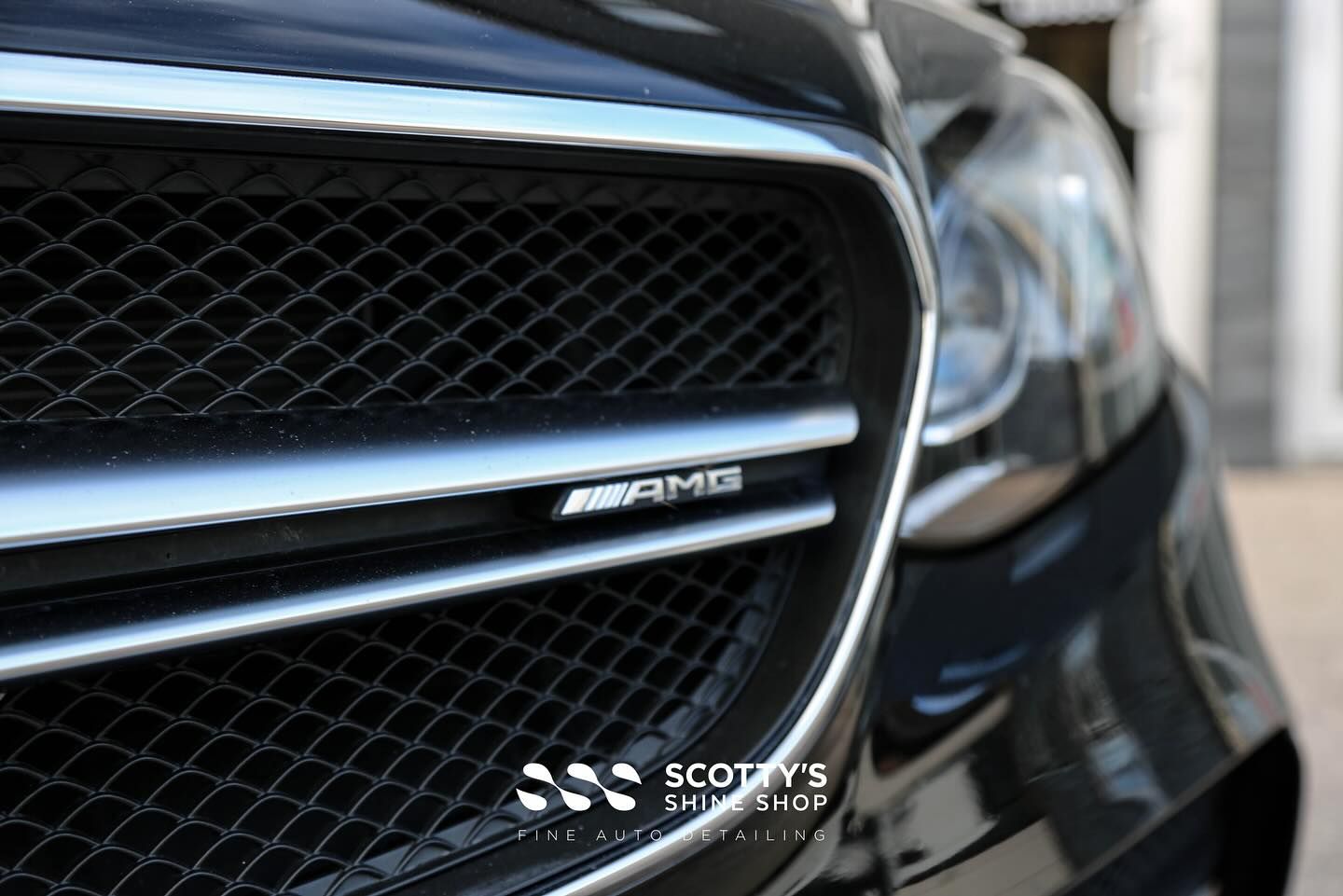 Mercedes E53 Coupe Full Interior Detail, Paint Correction and Coated with Xpel Fusion Premium Ceramic Coating and Glass Protected with Xpel Fusion Glass logo emblem close up London, ontario