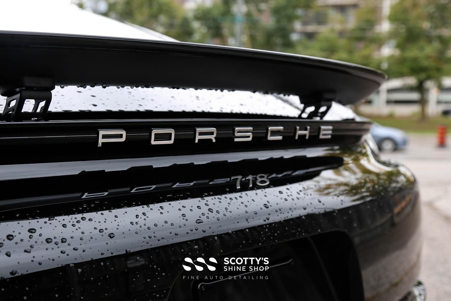 Porsche 718 Cayman Xpel Ultimate Plus Paint Protection Film and Xpel Prime XR Ceramic Window Tint rrear emblem closee up London, ON