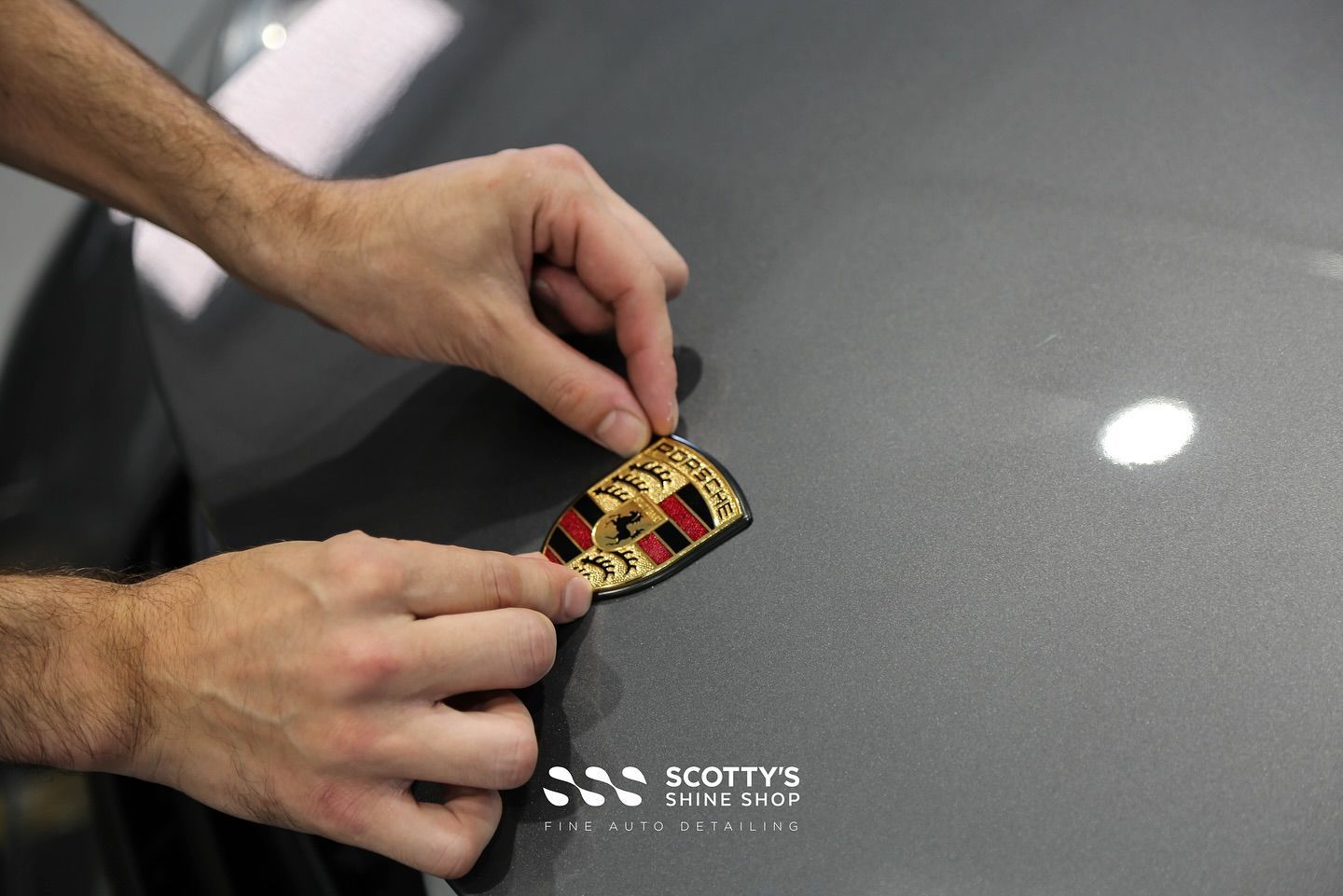 Porsche 911 GT3 Paint Protection Film Replacement emblem close up view London, Ontario
