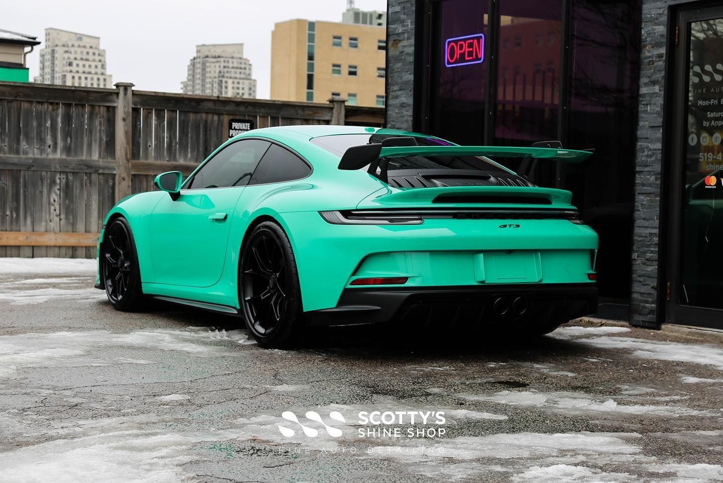 Porsche 911 GT3 Xpel Ultimate Plus Paint Protection Film, Xpel Prime XR Ceramic Window Tint and Gtechniq Crystal Serum Ultra Ceramic Coating rear view close up London, ON