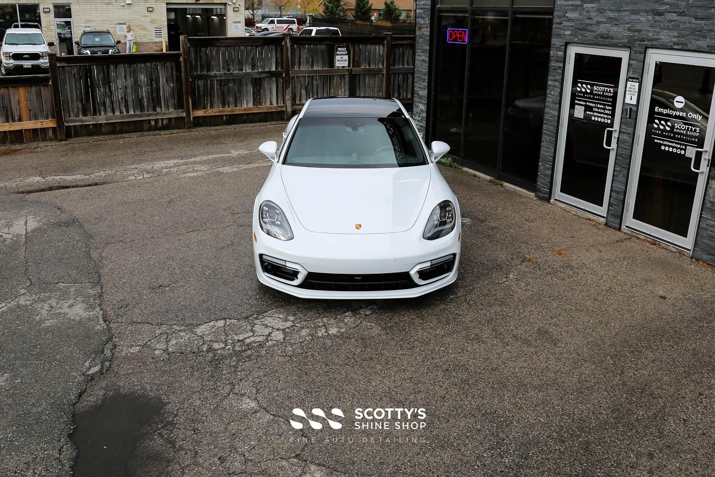 Porsche Panamera 4 Xpel Prime XR+ Ceramic Window Tint and Xpel Fusion Plus Ceramic Coating front hood from above London, ON