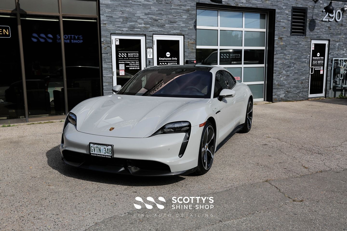 Porsche Taycan Turbo S SunTek Ultra Paint Protection Film, Modesta BC-04 Nano Titanium Ceramic Coating & BC-06 High-Temperature Wheel Coating, LLumar Formula1 Ceramic Window Film front end view London, Ontario Canada