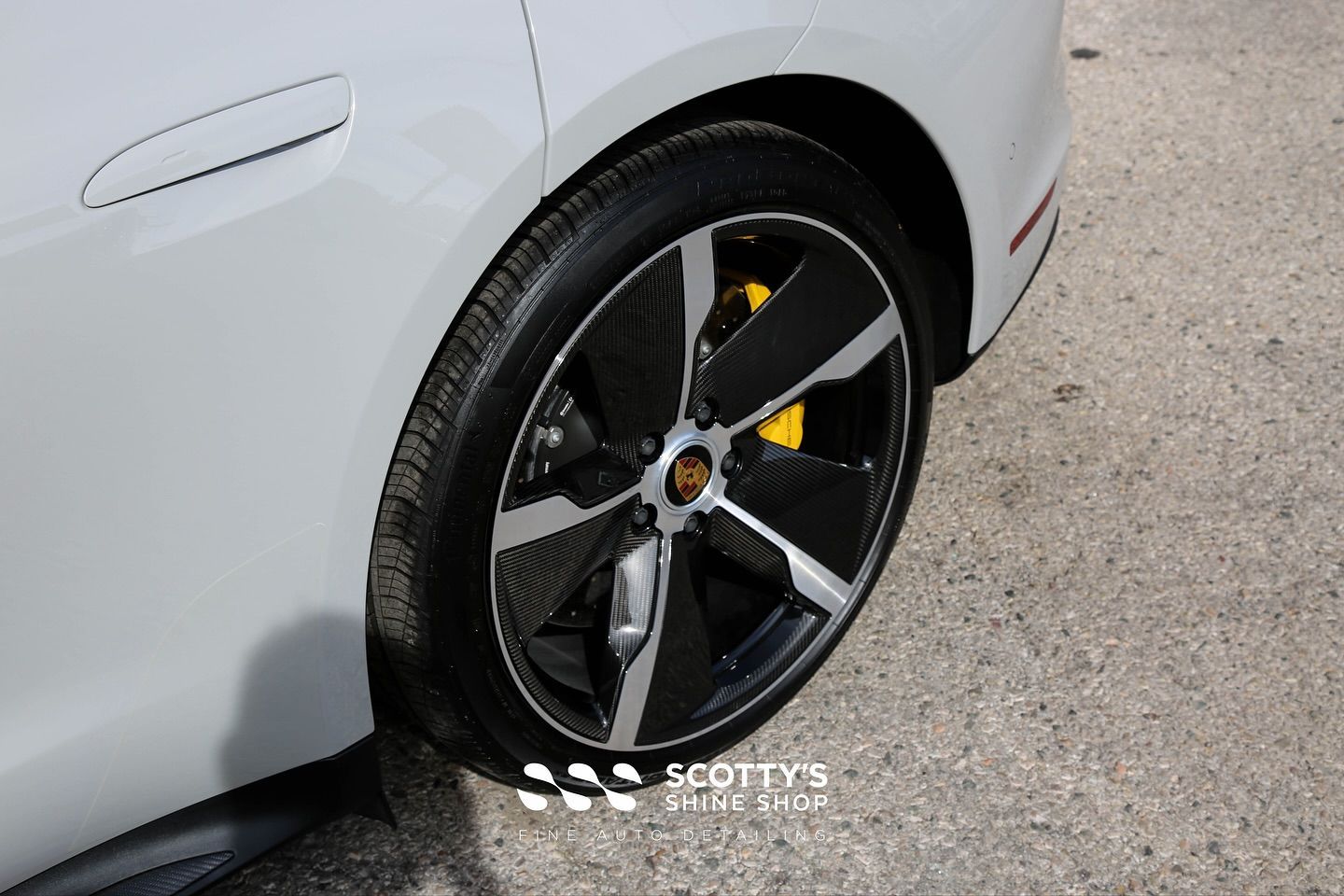 Porsche Taycan Turbo S SunTek Ultra Paint Protection Film, Modesta BC-04 Nano Titanium Ceramic Coating & BC-06 High-Temperature Wheel Coating, LLumar Formula1 Ceramic Window Film rear wheel close up London, Ontario