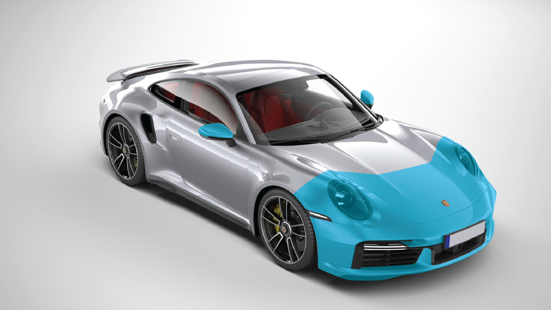Silver sports car with bright blue front panels on a white background