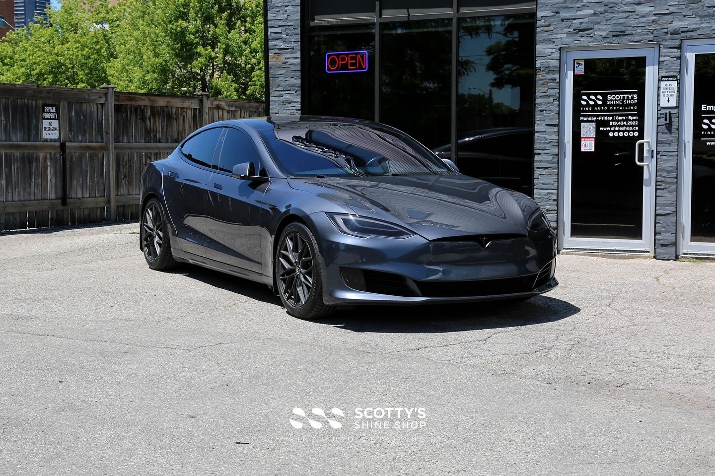 Tesla Model S at the shop for Formula 1 Pinnacle ceramic window tint! All glass protected and keepin