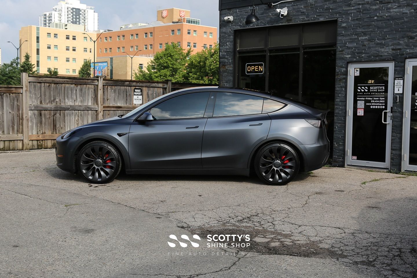 Tesla Model Y Performance Satin SunTek Paint Protection Film, Modesta BC-04 Nano-Titanium Glass Coating side view London, Canada