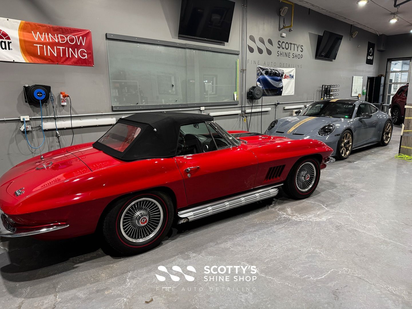 Vintage Corvette Muscle vs Modern Gernan Engineering Porsche 911 Detailing side view London, ON