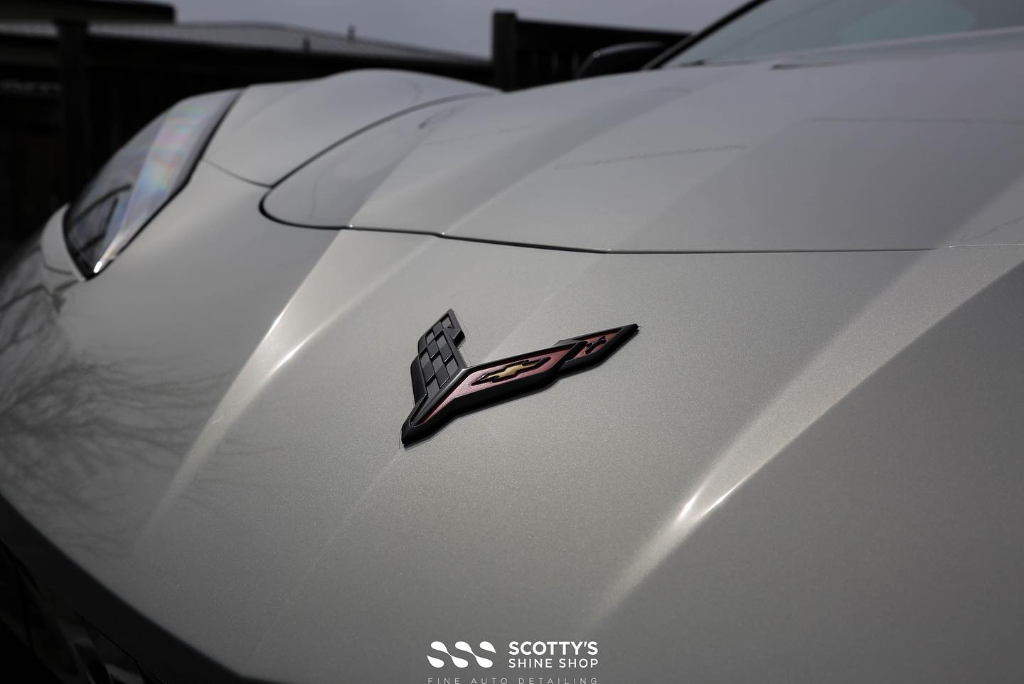 Chevrolet Corvette C8 Xpel Ultimate Plus ppf & Xpel Prime XR Plus Ceramic Window Tint emblem close up London Ontario