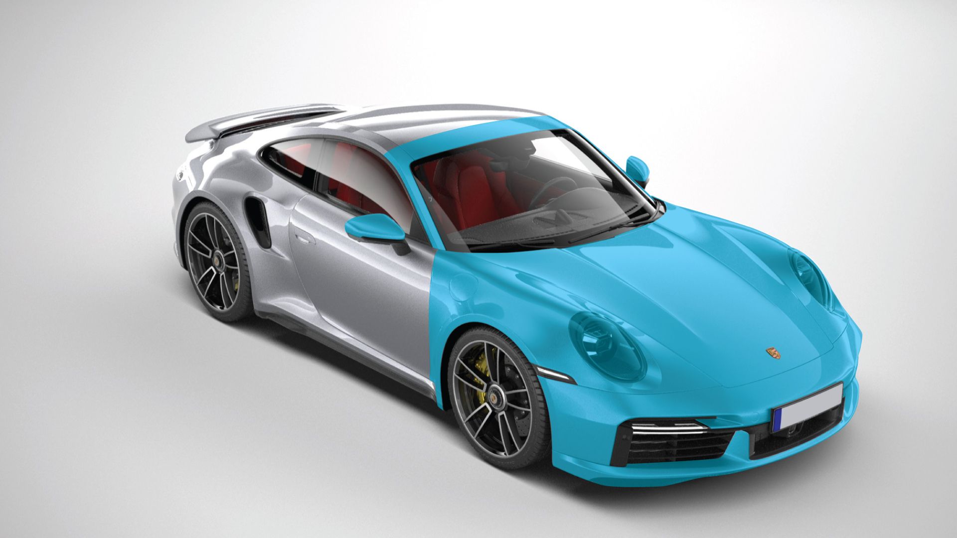 Blue and silver sports car on a white background, angled front view