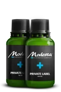 Two green Modesta private label bottles with black caps and blue plus signs