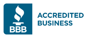 BBB Accredited Business logo, a blue square with a stylized flame and "BBB" text, with "ACCREDITED BUSINESS" text.