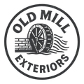 Old Mill Exteriors logo: water wheel, brick wall, and flowing water, in a circular frame.