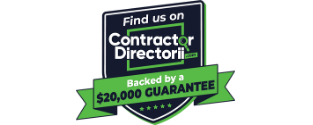 Badge with text "Find us on Contractor Directorii.com" and "$20,000 GUARANTEE" on a green banner.